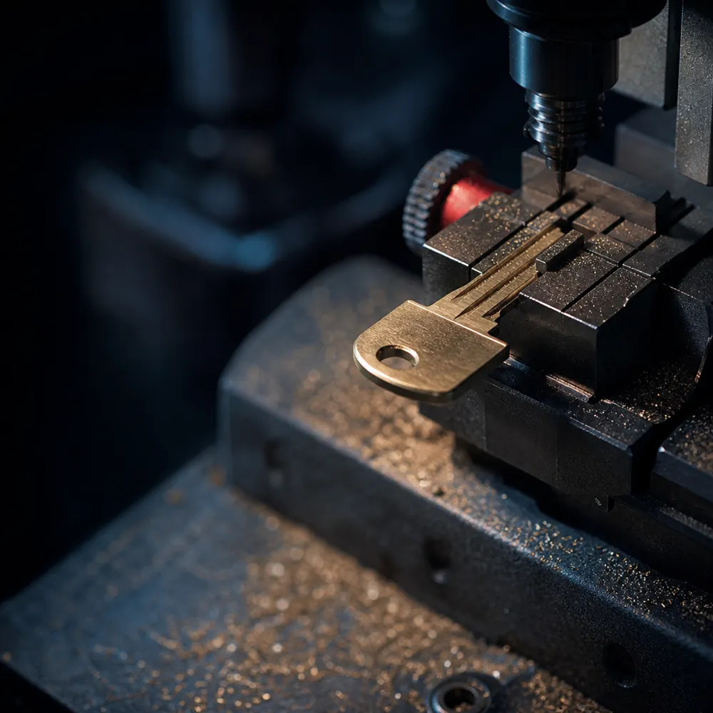 A brass key blank clamped in the jaws of a key cutting machine