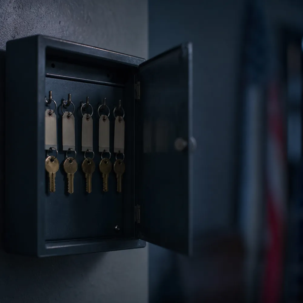 A row of brass keys hanging on hooks inside an open steel key cabinet