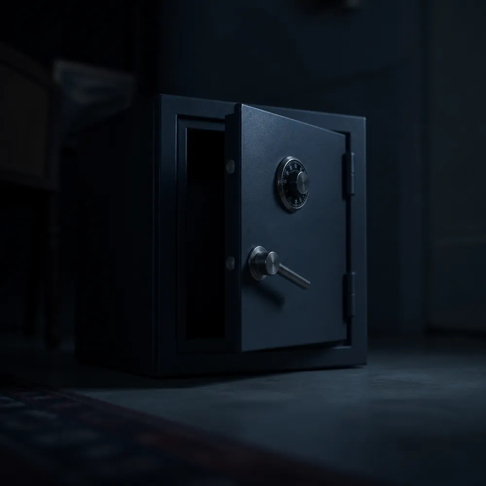 The door of a small floor safe standing ajar, its dial and handle on the outward face